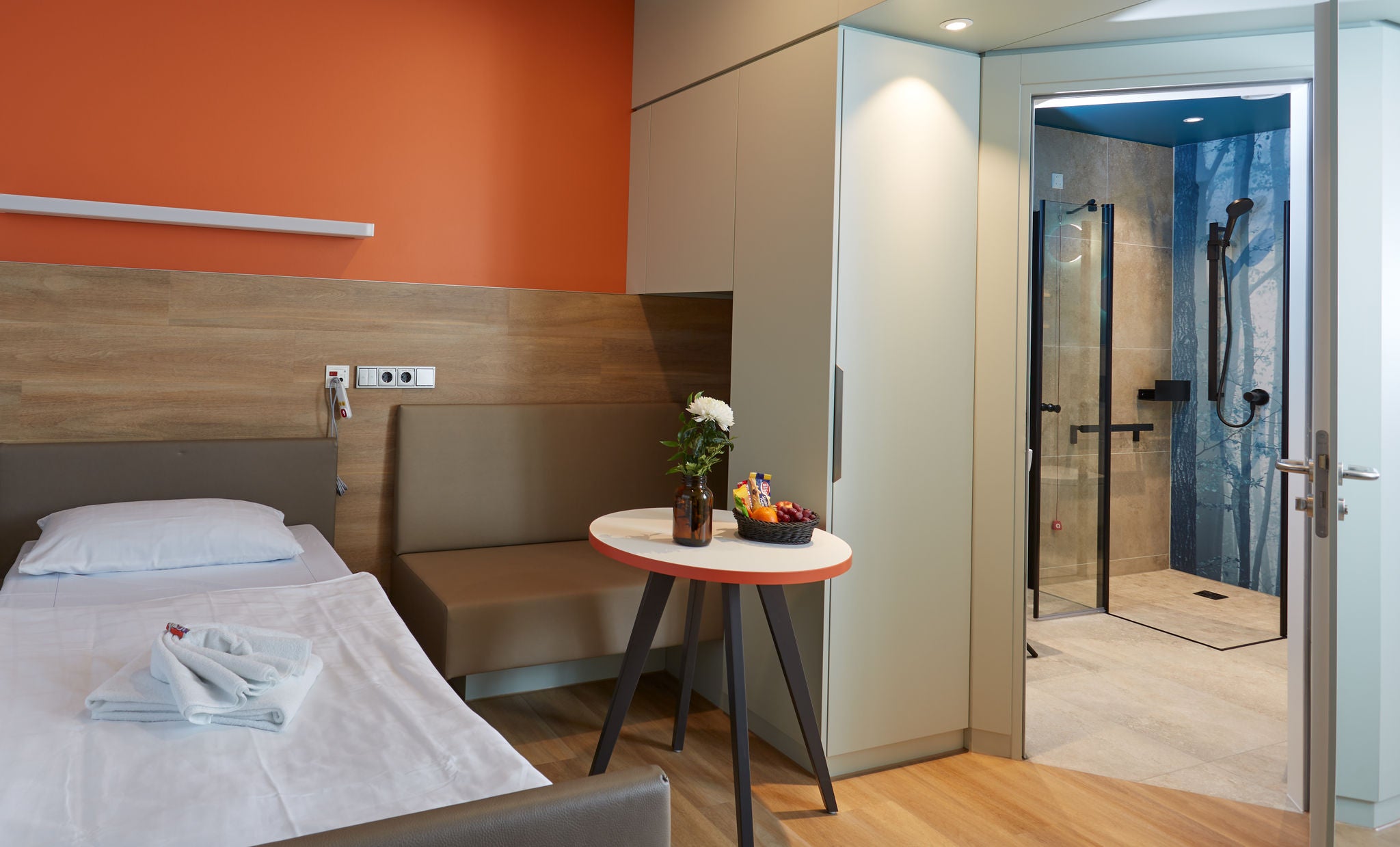 Krankenzimmer mit Blick in den Duschbereich mit Axess Care Accessoires im DRK Krankenhaus Rabenstein in Chemnitz