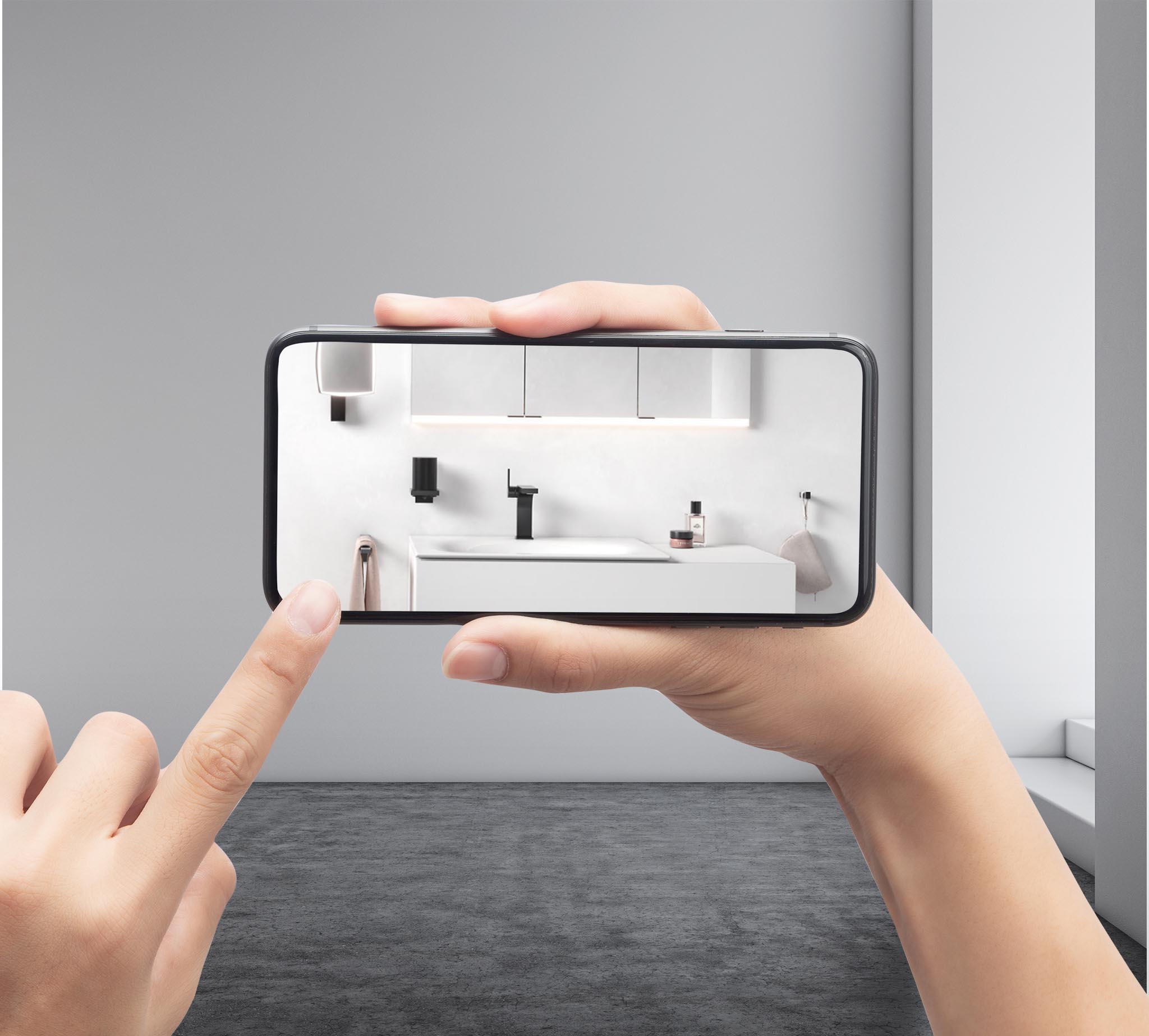 Male hands holding and touching a black smartphone with an augmented reality application