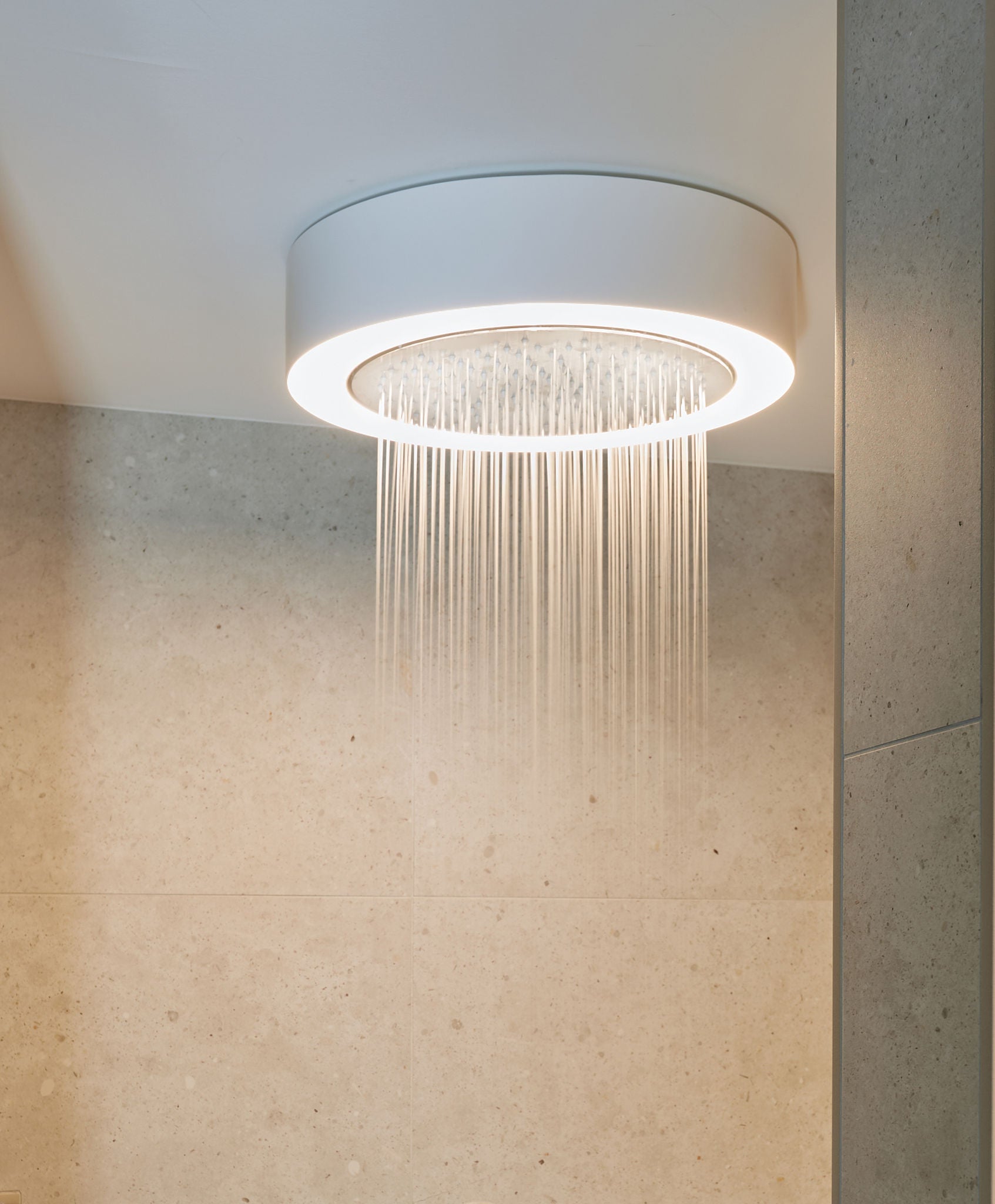 Luminaire with integrated shower head in the shower of the VierJahreszeiten Suite in Iserlohn