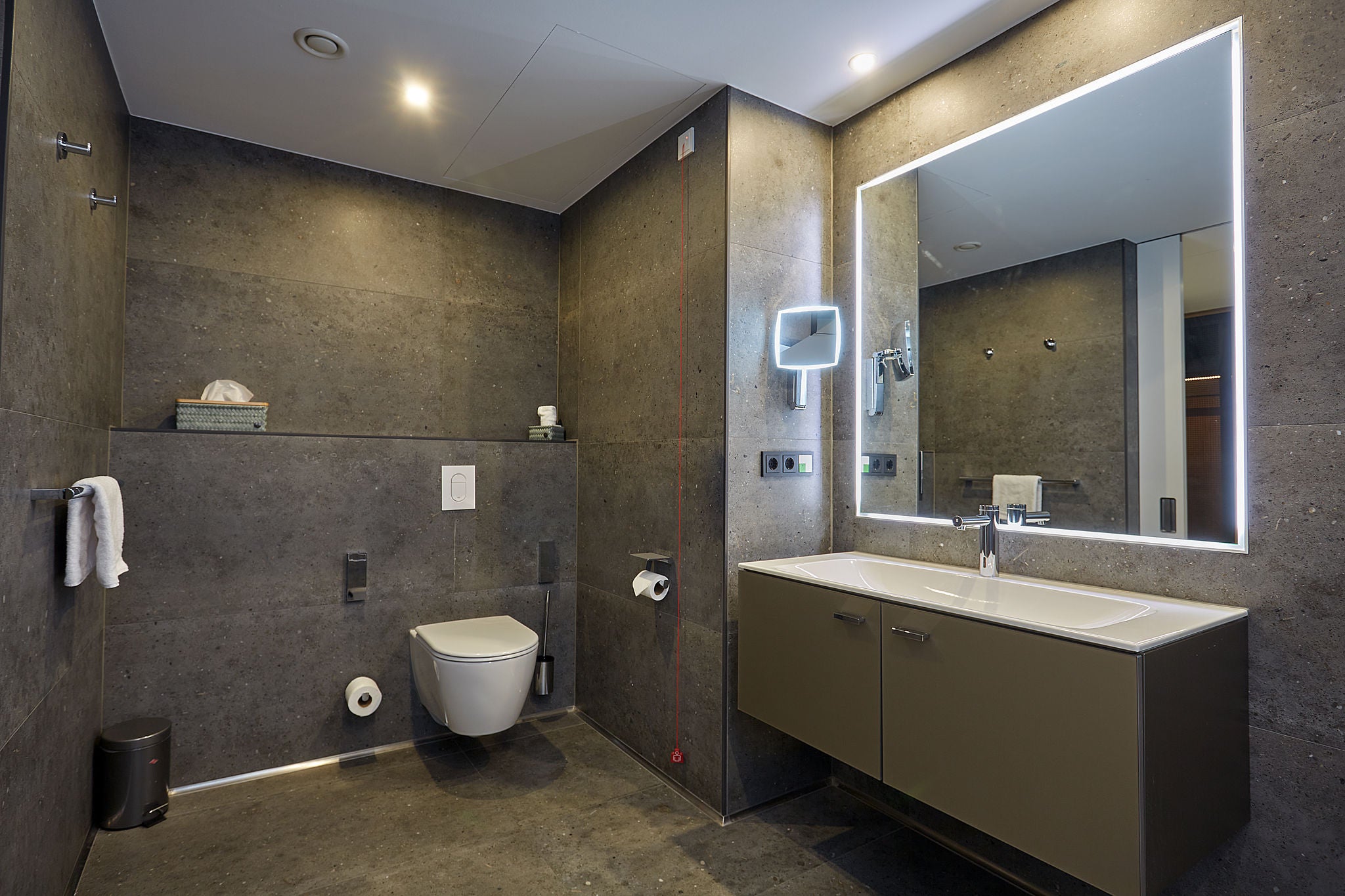 Toilet area with COLLECTION PLAN accessories and washing area with IXMO electronic basin mixer in the VierJahreszeiten hotel in Iserlohn